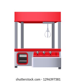 Realistic 3d Detailed Red Toy Claw Crane on a White Background. Vector illustration of Empty Vending Machine
