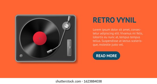 Realistic 3d Detailed Retro Vinil Record Player Card Top View Sound and Entertainment Concept. Vector illustration of Audio Turntable
