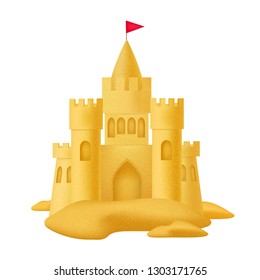 Realistic 3d Detailed Sand Castle with Flag Symbol of Fun Vacation or Holiday on Beach. Vector illustration of Sandcastle