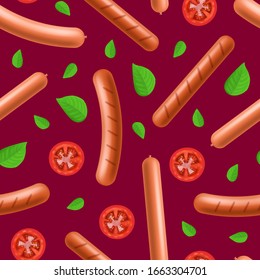 Realistic 3d Detailed Sausages Meat Seamless Pattern Background Pork Barbecue Cooked Hot Grill Unhealthy Food. Vector illustration of Sausage
