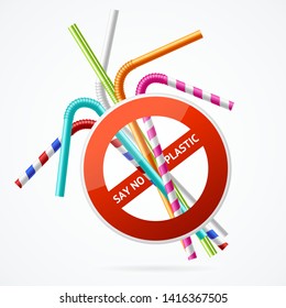 Realistic 3d Detailed Say no Plastic Concept with Plastic Straws and Forbidden Sign Banner Poster Card Pollution Environment. Vector illustration