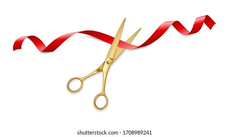 Realistic 3d Detailed Scissors Cut Red Ribbon on a White Symbol of Ceremony or Start for Ad. Vector illustration