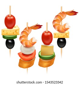 Realistic 3d Detailed Set of Different Canape Include of Cheese, Olive, Tomato, Seafood and Skewer. Vector illustration