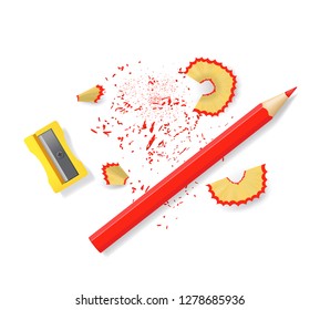 Realistic 3d Detailed Sharpener and Sharp Red Pencil Set for Office and Education at School. Vector illustration