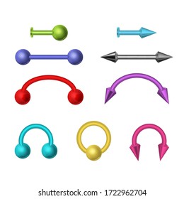 Realistic 3d Detailed Shiny Color Metal Piercing Jewelry Set Include of Earrings, Ring and Ball. Vector illustration of Accessories