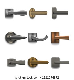 Realistic 3d Detailed Shiny Door Handles Set Interior House Element. Vector illustration of Handle in Different Styles