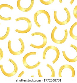 Realistic 3d Detailed Shiny Gold Horseshoe Seamless Pattern Background on a White Symbol of Success, Lucky and Fortune. Vector illustration of Talisman Sign