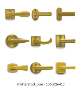 Realistic 3d Detailed Shiny Golden Door Handles Set Interior House Element. Vector illustration of Handle in Different Styles