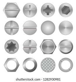 Realistic 3d Detailed Shiny Metal Screw and Head Icon Set. Vector illustration of Screws and Heads Icons