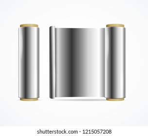 Realistic 3d Detailed Shiny Silver Thin Foil Roll for Wrapping or Decorate Opened And Closed View. Vector illustration