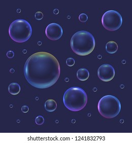 Realistic 3d Detailed Shiny Soap Bubble Various Types on a Blue Background Closeup View. Vector illustration of Bubbles