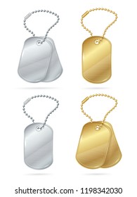 Realistic 3d Detailed Shiny Tags Or Medallions Set. Vector Illustration Of Emty Template Tag Or Medallion On Chain