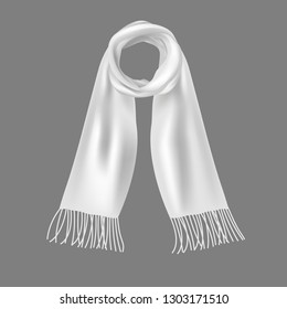 Realistic 3d Detailed Soft White Scarf Elegant Unisex Accessory made of Wool for Winter on a Grey. Vector illustration