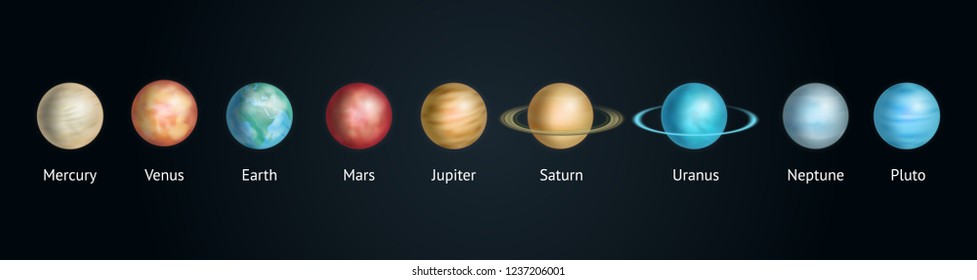Realistic 3d Detailed Solar System Planet Order Set on a Black Background Include of Earth, Saturn, Jupiter, Mercury and Venus. Vector illustration