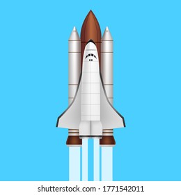 Realistische 3d-Detailschutt-Raumfahrt startet auf einem Blue Science-Technik-, Reise- und Entdeckungskonzept. Vektorgrafik von Spaceship
