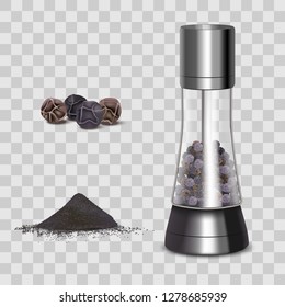 Realistic 3d Detailed Spice Mills and Elements on a Transparent Background Condiment Ingredients for Cooking Food. Vector illustration