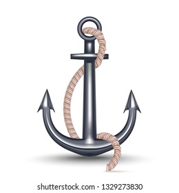 Realistic 3d Detailed Steel Heavy Anchor and Rope Marine or Nautical Symbol, Decoration and Equipment. Vector illustration