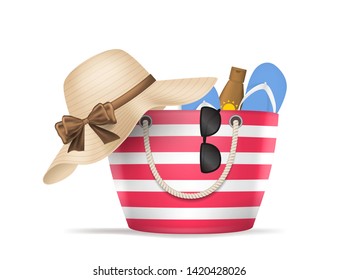 Realistic 3d Detailed Striped Beach Bag Include of Sunglasses, Hat, Sandal and Suncream Summer Concept. Vector illustration