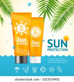 Realistic 3d Detailed Sunscreen Sun Protection Card with Green Palm Leaf and Sea Health Care Concept. Vector illustration