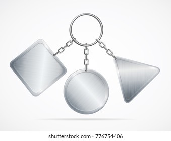 Realistic 3d Detailed Template Metal Keychains Set Circle, Square and Triangle Shapes Design Web Element. Vector illustration