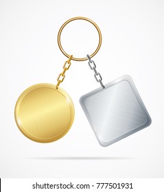 Realistic 3d Detailed Template Metal Keychains Set Golden and Silver Circle or Square Shapes Design Web Element. Vector illustration