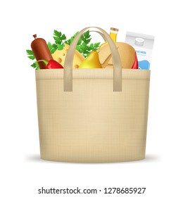 Realistic 3d Detailed Textile Shopping Bag with Food Include of Bottle, Milk, Bread, Cheese and Red Pepper. Vector illustration