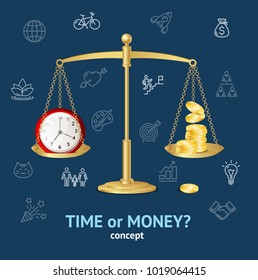 Realistic 3d Detailed Time or Money on Scales Concept Business Symbol Saving and Profit Balance Success Elements. Vector illustration