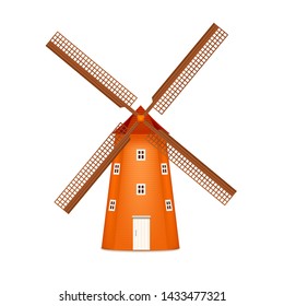 Realistic 3d Detailed Traditional Rural Orange Windmill Farm Building with Propeller Agriculture Concept for Business. Vector illustration