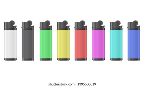 Realistic 3d Detailed Transparent Color Plastic Lighter Set Tool for Habit Smoker. Vector illustration of Colorful Burning Lighters.