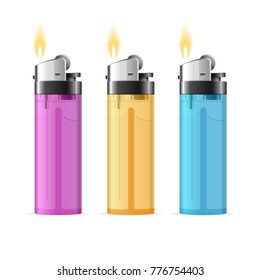 Realistic 3d Detailed Transparent Color Plastic Lighter Set Tool for Habit Smoker. Vector illustration of Colorful Burning Lighters