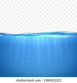 Realistic 3d Detailed Transparent Underwater Background Blue Sea or Ocean Water Surface with Sunlight Effect. Vector illustration