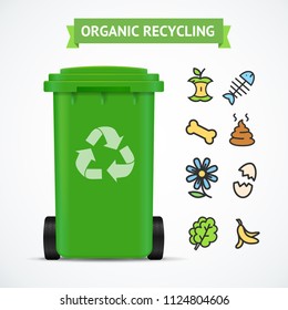 Realistic 3d Detailed Trash Bin Organic Recycling Concept witch Color Outline Icons Include of Banana, Apple and Egg. Vector illustration