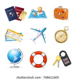 Realistic 3d Detailed Travel and Tourism Color Icon Set Include of Passport, Plane, Map, Globe, Ticket and Suitcase. Vector illustration