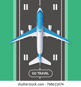 Realistic 3d Detailed Travel and Tourism Concept Plane Fly on Runway Top View Voyage. Vector illustration on Aircraft Trip