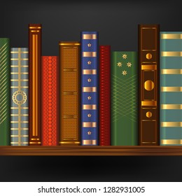 Realistic 3d Detailed Vintage Old Books on Wood Shelf Element Library or Bookcase with Retro Book. Vector illustration