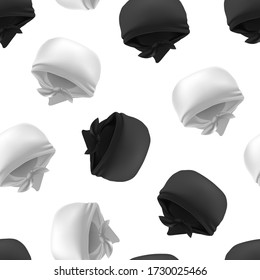 Realistic 3d Detailed White and Black Blank Bandana Empty Template Mockup Seamless Pattern Background. Vector illustration of Fabric Kerchief