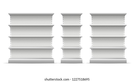 Realistic 3d Detailed White Blank Supermarket Shelves Empty Template Mockup Set. Vector illustration of Mock Up Shelve