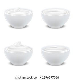 Realistic 3d Detailed White Blank Bowls Sour Cream, Yogurt or Mayonnaise Empty Template Mockup Set. Vector illustration