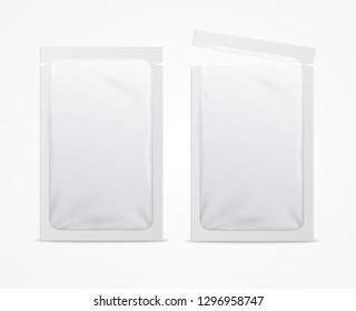 Realistic 3d Detailed White Blank Foil or Plastic Sachet Empty Template Mockup Set. Vector illustration of Mock Up Packaging