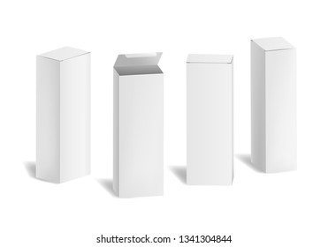 Conjunto de combinación de plantillas 3d detallado de cartón blanco en blanco y realista. Ilustración vectorial de la caja de maqueta