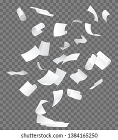 Realistic 3d Detailed White Blank Empty Flying Papers on a Transparent Background. Vector illustration of Falling Paper