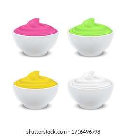 Realistic 3d Detailed White Bowls Sour Color Cream, Yogurt or Mayonnaise Set. Vector illustration