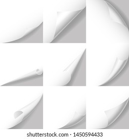 Realistic 3d Detailed White Curled Corners Set Different Types. Vector illustration of Square Edge Paper Page Turn