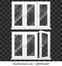 Realistic 3d Detailed White Plastic PVC Window Set on a Transparent Background Opened and Closed View. Vector illustration