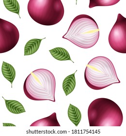 Realistic 3d Detailed Whole Red Onion Bulb Seamless Pattern Background on a White Ripe Fresh Ingredient for Cooking Salad. Vector illustration