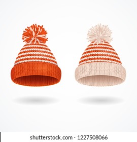 Realistic 3d Detailed Winter Hat with Pompons Set Seasonal Accessory Handmade Style. Vector illustration of Knitted Cap