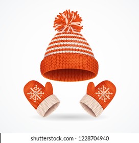 Realistic 3d Detailed Winter Hat And Mittens Set Warm Season Clothes. Vector Illustration Of Cap And Mitten