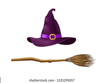 Realistic 3d Detailed Witch Hat and Broom Set Symbol of Black Magic. Vector illustration of Accessories for Halloween