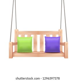 Realistic 3d Detailed Wooden Swing Bench Outdoor Summer Furniture for Garden, Terrace, Playground or Park. Vector illustration