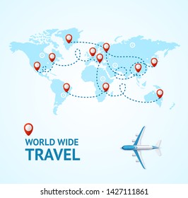 Realistic 3d Detailed World Wide Travel Concept Card with Plane for Service Promotion, Marketing and Advertising. Vector illustration